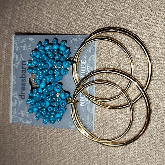 New Dress Barn Gold-Tone Beaded Teal Earrings - Picture 2 of 4